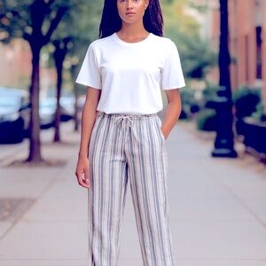 NWT L.L. Bean 100% Linen Raw Indigo Blue Pin Striped  Breezy Wide Leg Pants